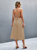 Buttoned Halter Neck Frill Trim Midi Dress - felvior