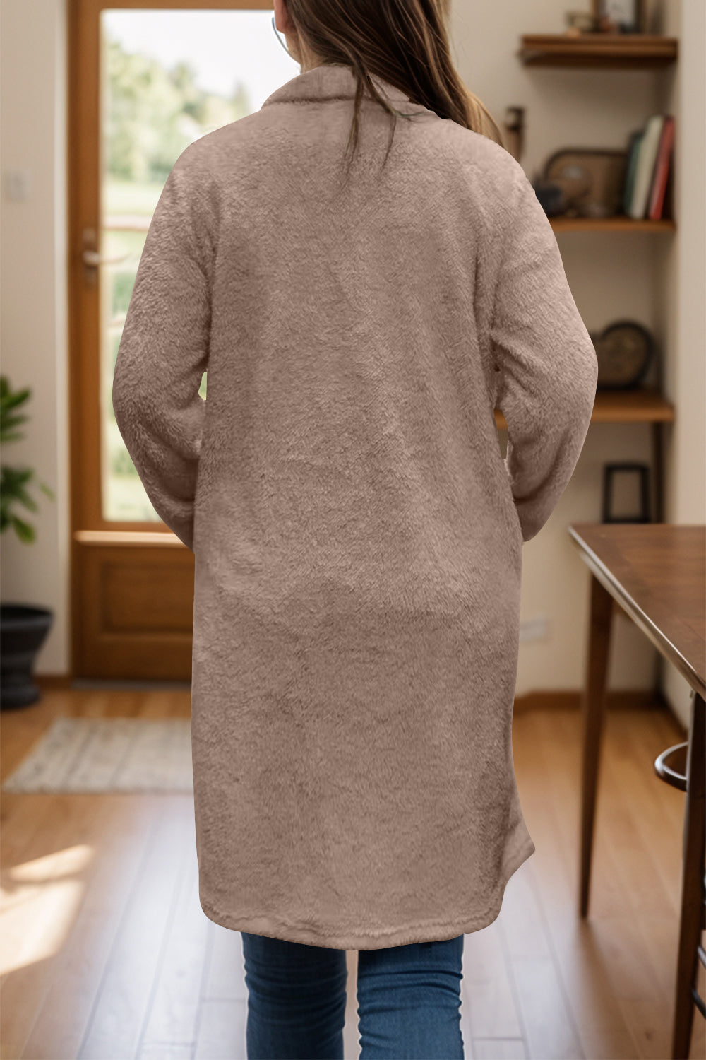Full Size One Button Long Sleeve Longline Plush Coat - felvior