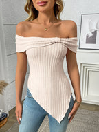 Ribbed Off-Shoulder Asymmetrical Hem T-Shirt
