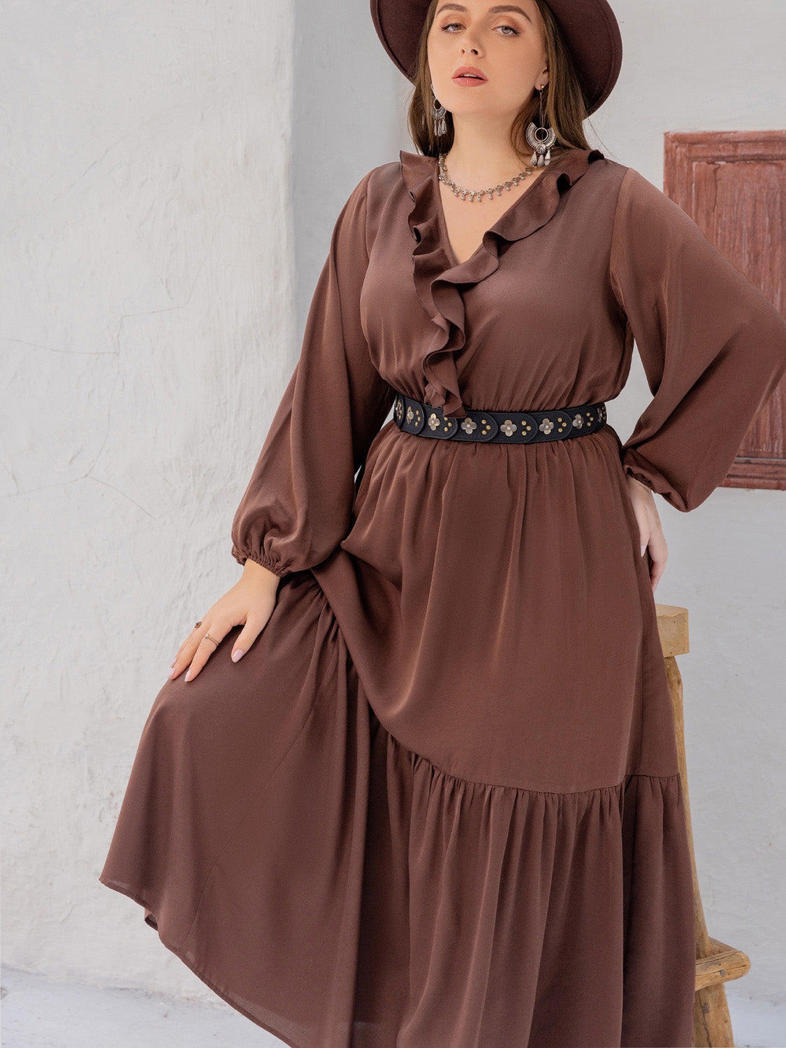 Plus Size V-Neck Ruffle Trim Maxi Dress - felvior