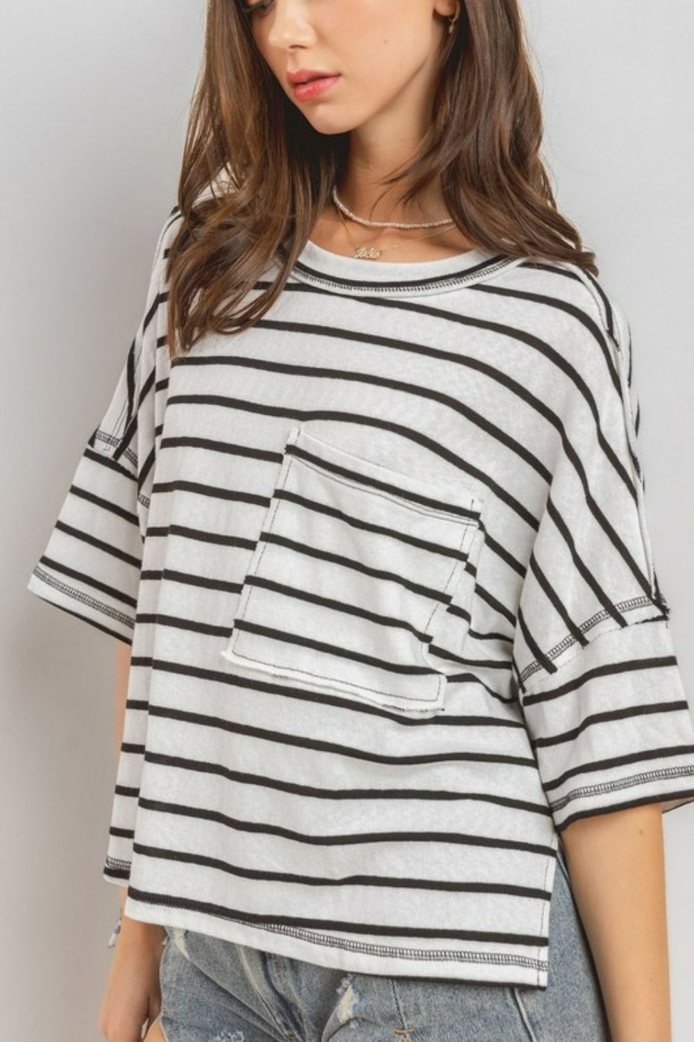 Ces Femme Side Slit Striped Round Neck Half Sleeve T-Shirt - felvior