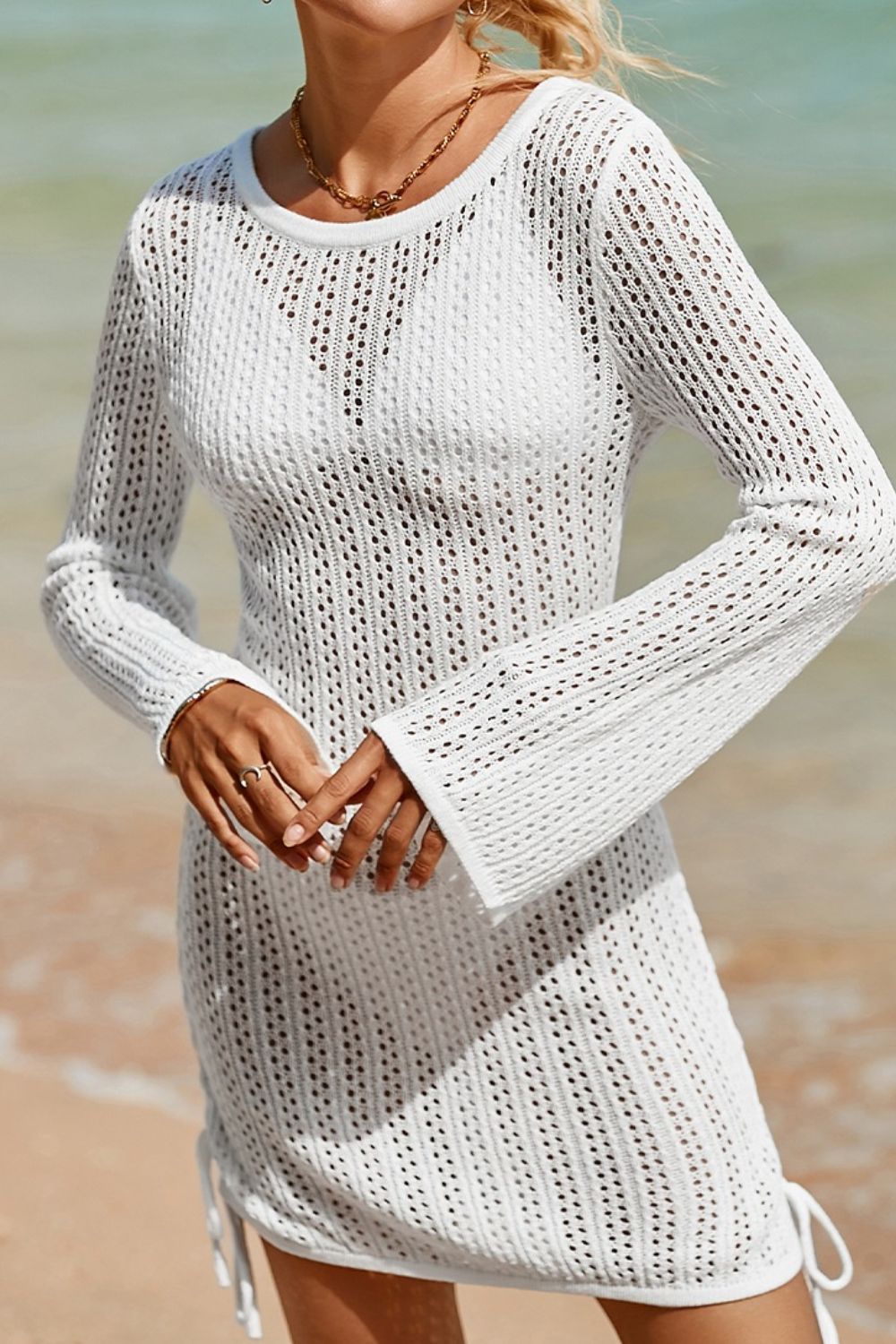 Hollow Out Bell Sleeve Drawstring Knit Cover Up Dress - felvior