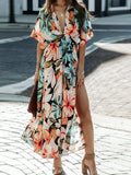 Floral Plunge Half Sleeve Dress - felvior