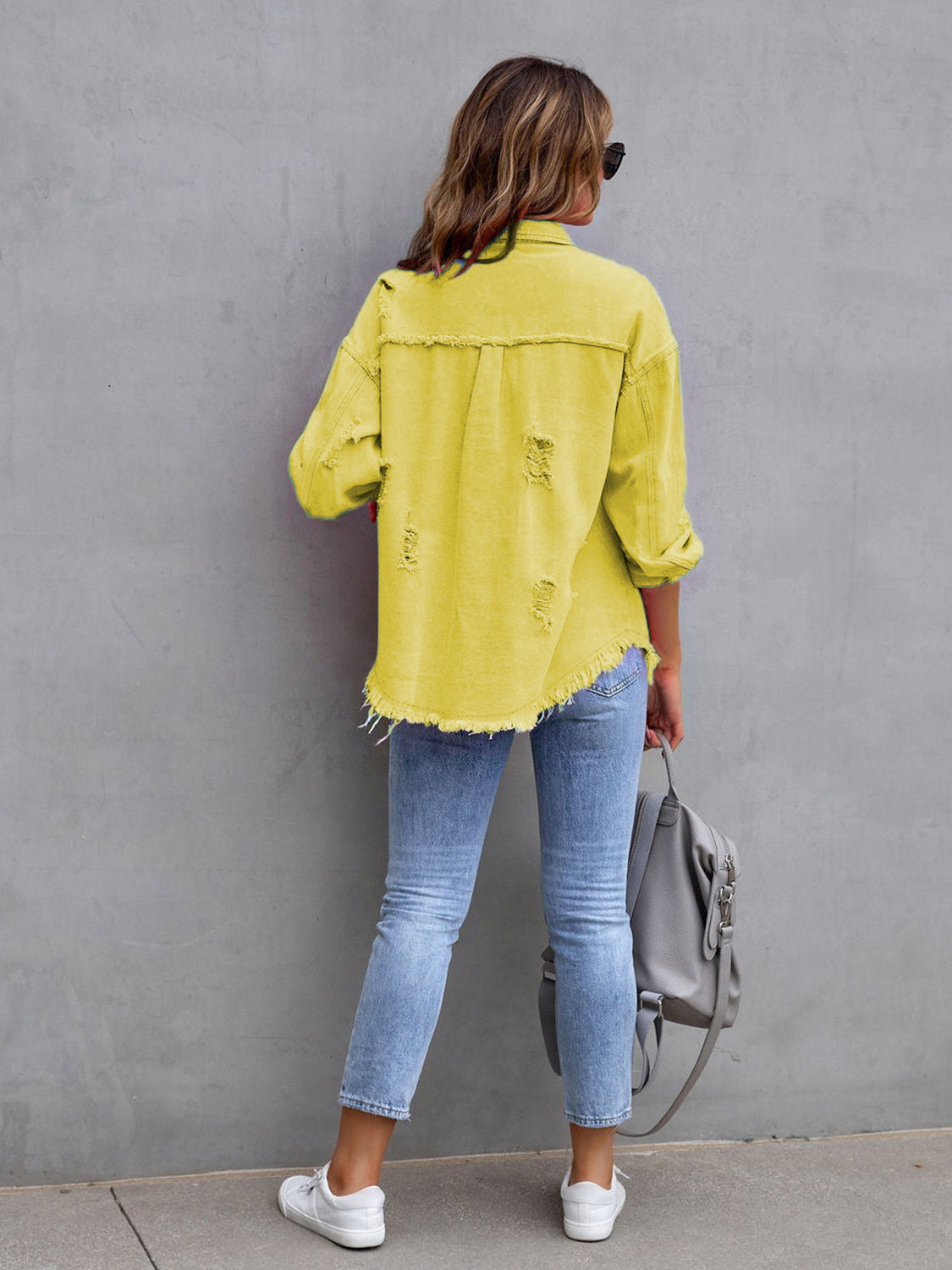 Distressed Drop Shoulder Denim Jacket - felvior