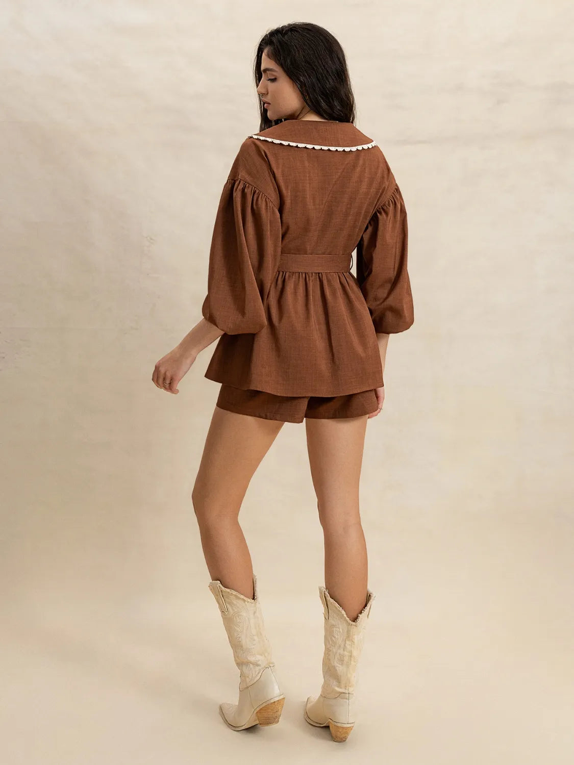 Peter Pan Collar Balloon Sleeve Top and Shorts Set - felvior