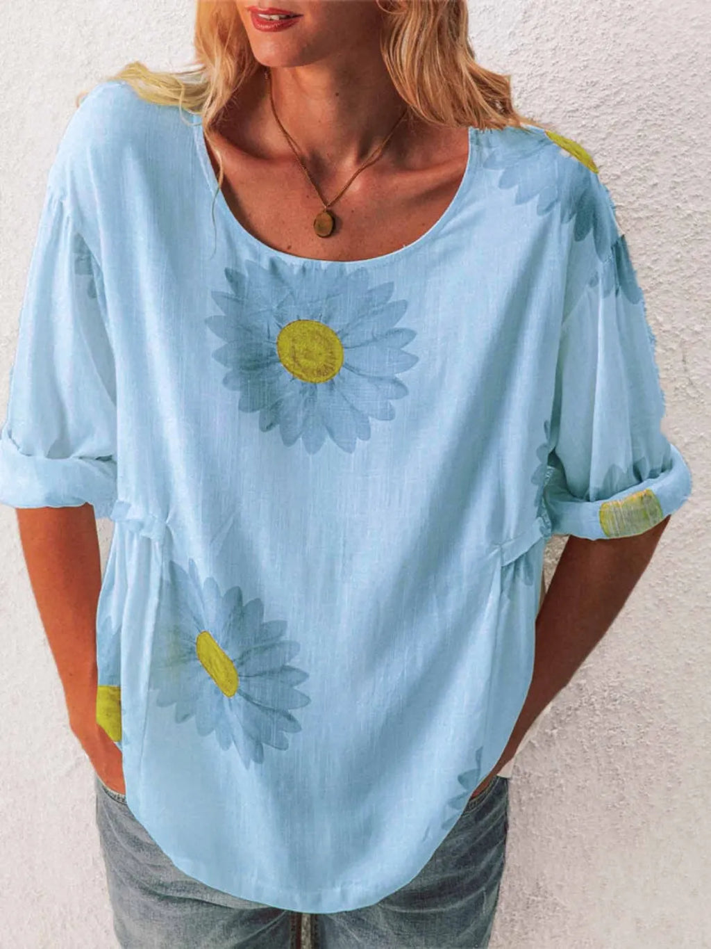 Full Size Flower Round Neck Half Sleeve T-Shirt Plus Size