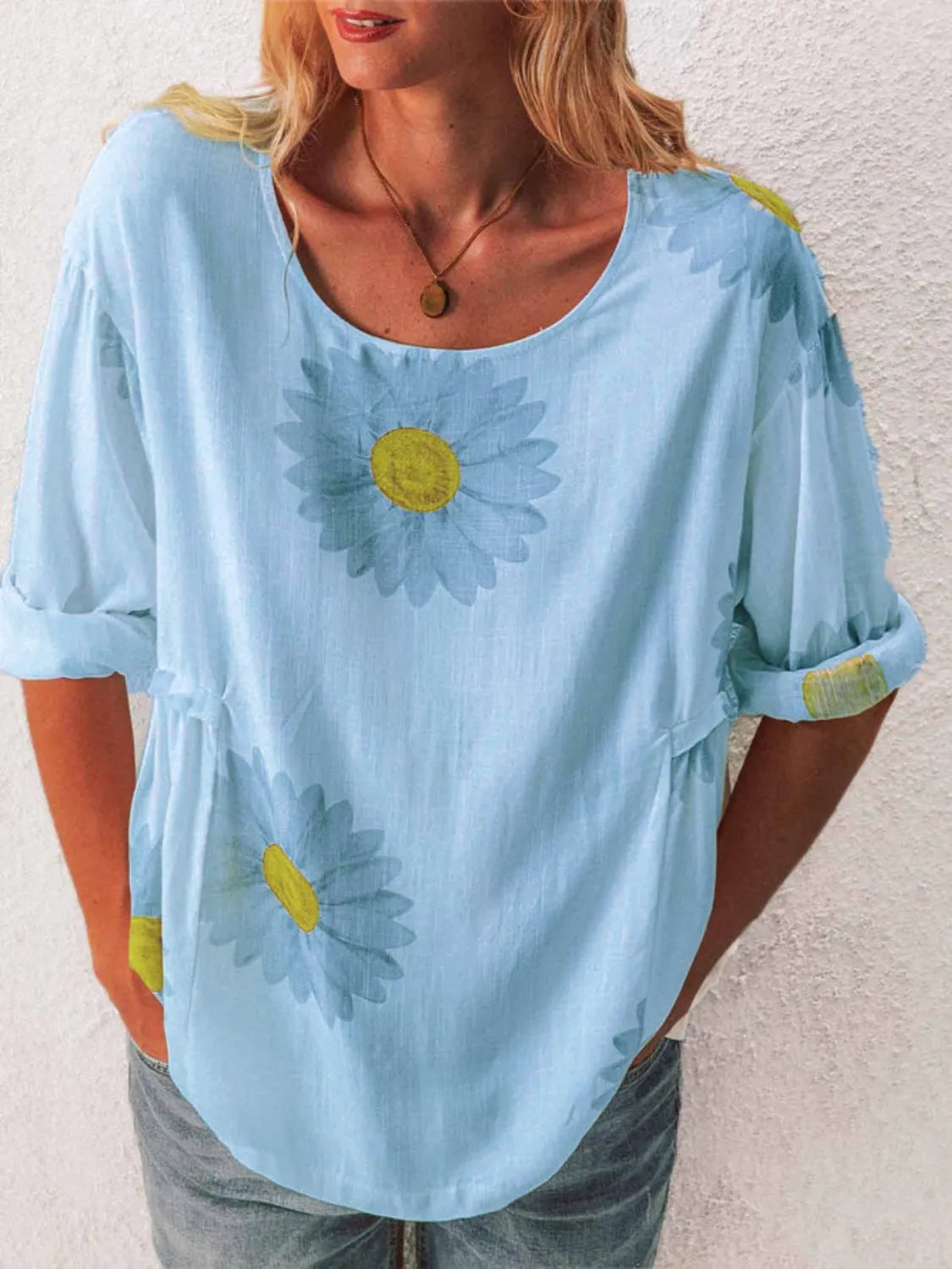 Full Size Flower Round Neck Half Sleeve T-Shirt Plus Size - felvior