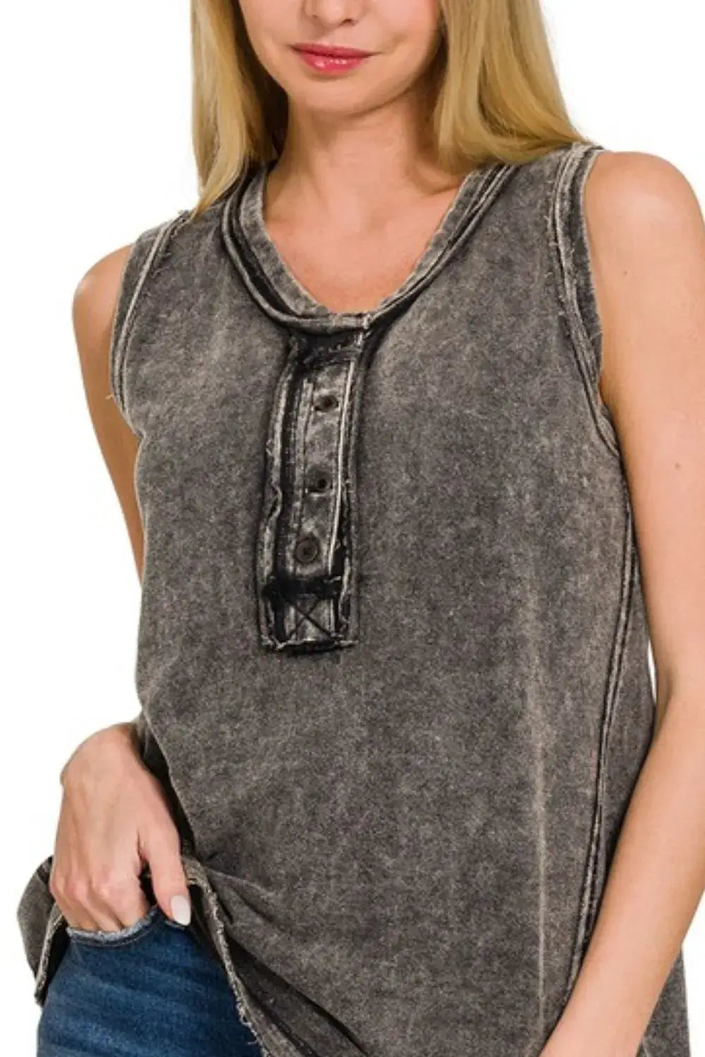 Zenana Washed Half-Button Raw Edge Sleeveless Henley Top