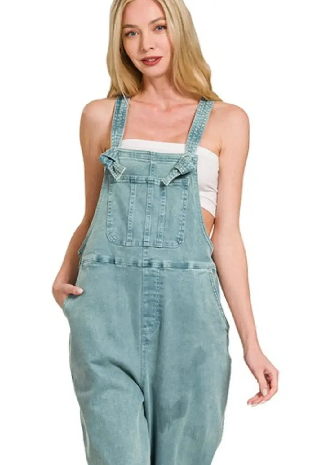 Zenana Washed Knot Strap Relaxed Fit Overalls