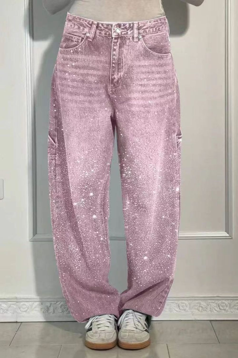 Full Size Washed Rhinestone Detail Wide leg Jeans Plus Size