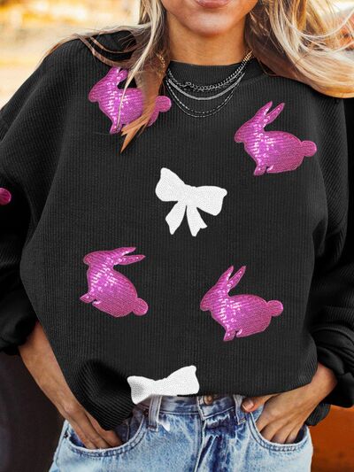 Sequin Bunny Bow Easter Corded Rib Sweatshirt