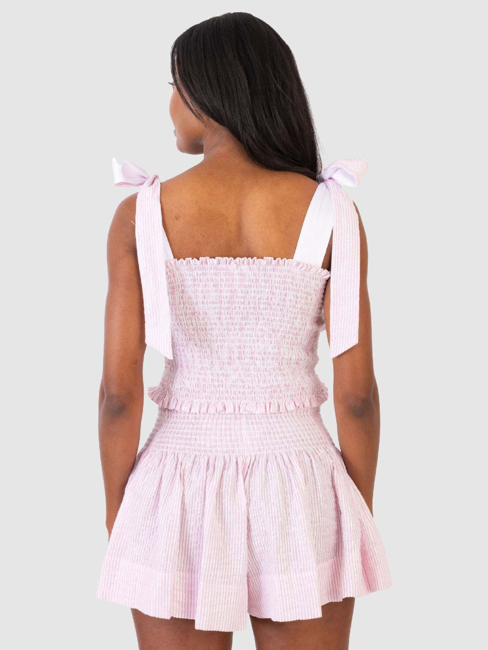 Smocked Tie Shoulder Top and Mini Skirt Set