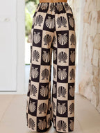 Printed Collared Neck Top and Wide Leg Pants Set