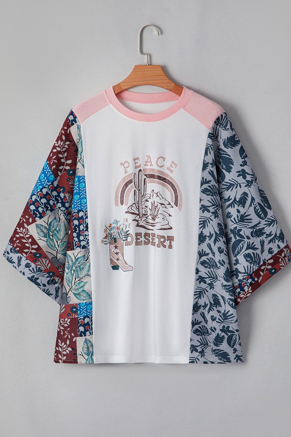 Peace Desert Graphic Asymmetric Printed Patchwork Sleeve Top