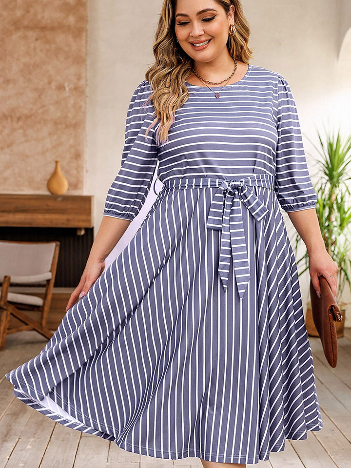Plus Size Round Neck Striped Tie Waist Dress - felvior