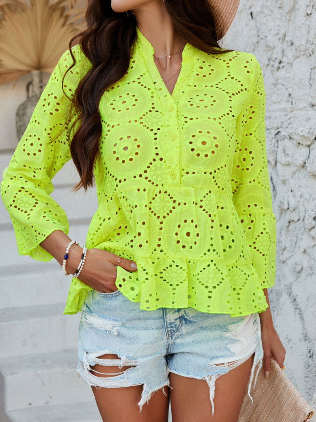 Devine Half Button Flounce Sleeve Peplum Blouse