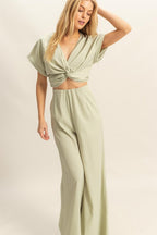 HYFVE Twisted Front Short Sleeve Top and Wide Leg Pants Set