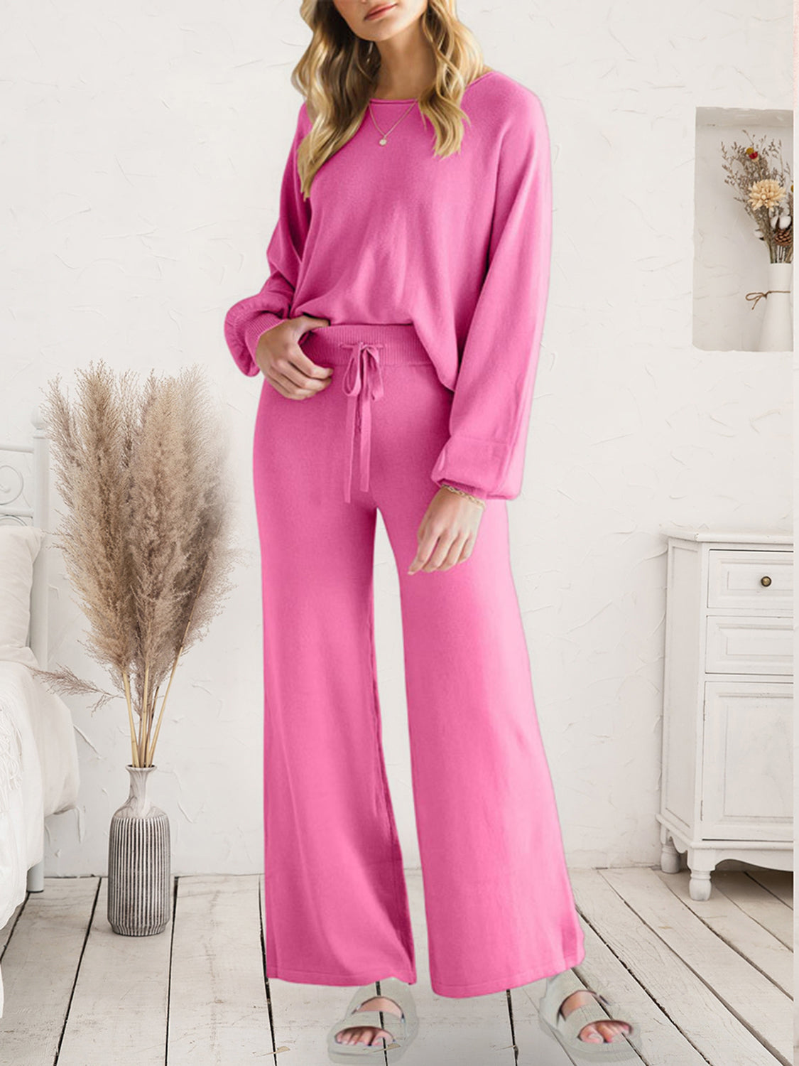 Long Sleeve Lounge Top and Drawstring Pants Set - felvior