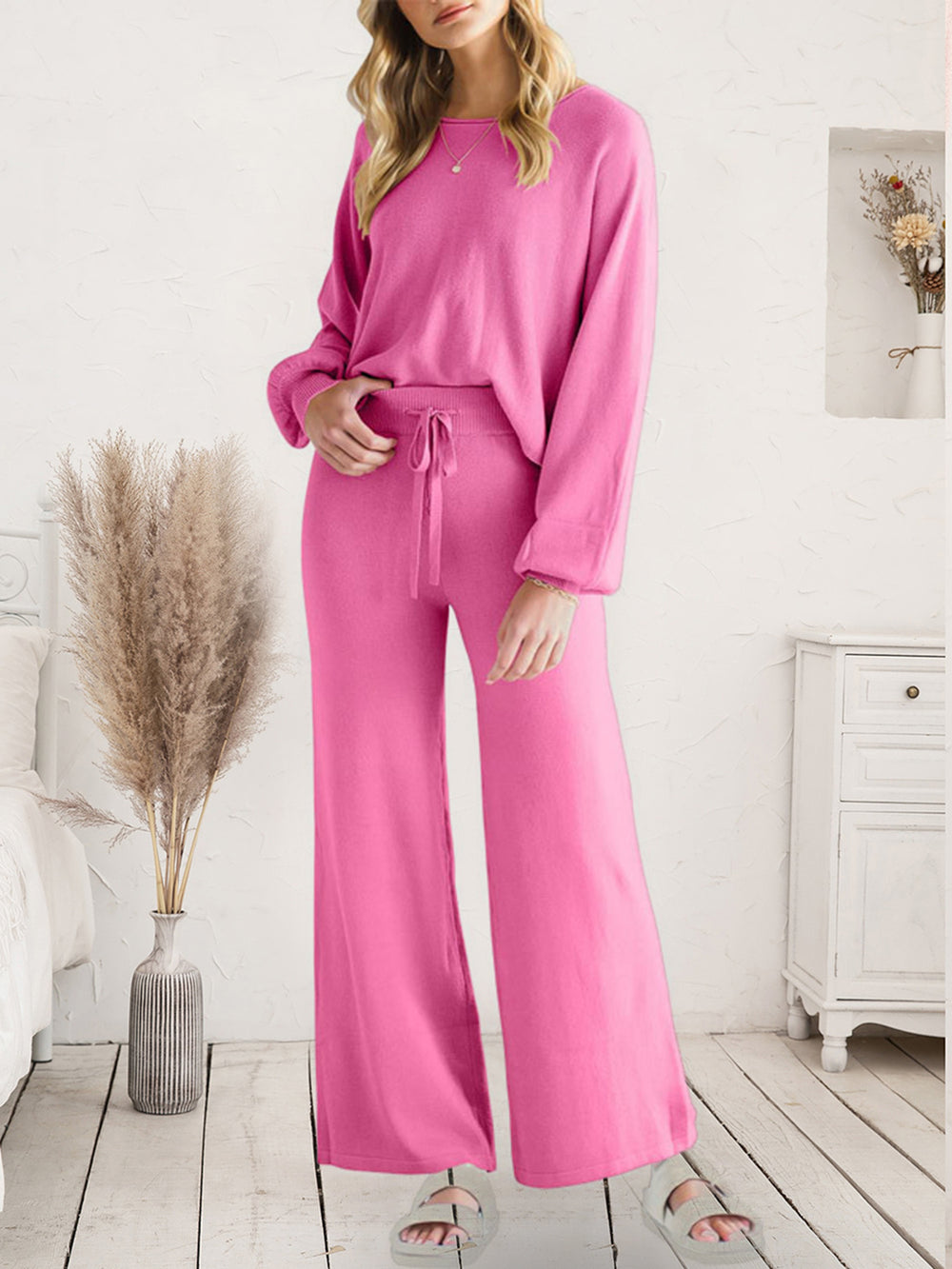 Long Sleeve Lounge Top and Drawstring Pants Set - felvior