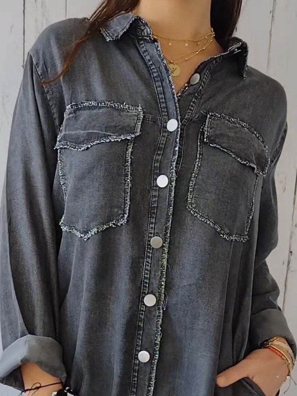 Full Size Raw Hem Button Up Long Sleeve Denim Top Plus Size - felvior
