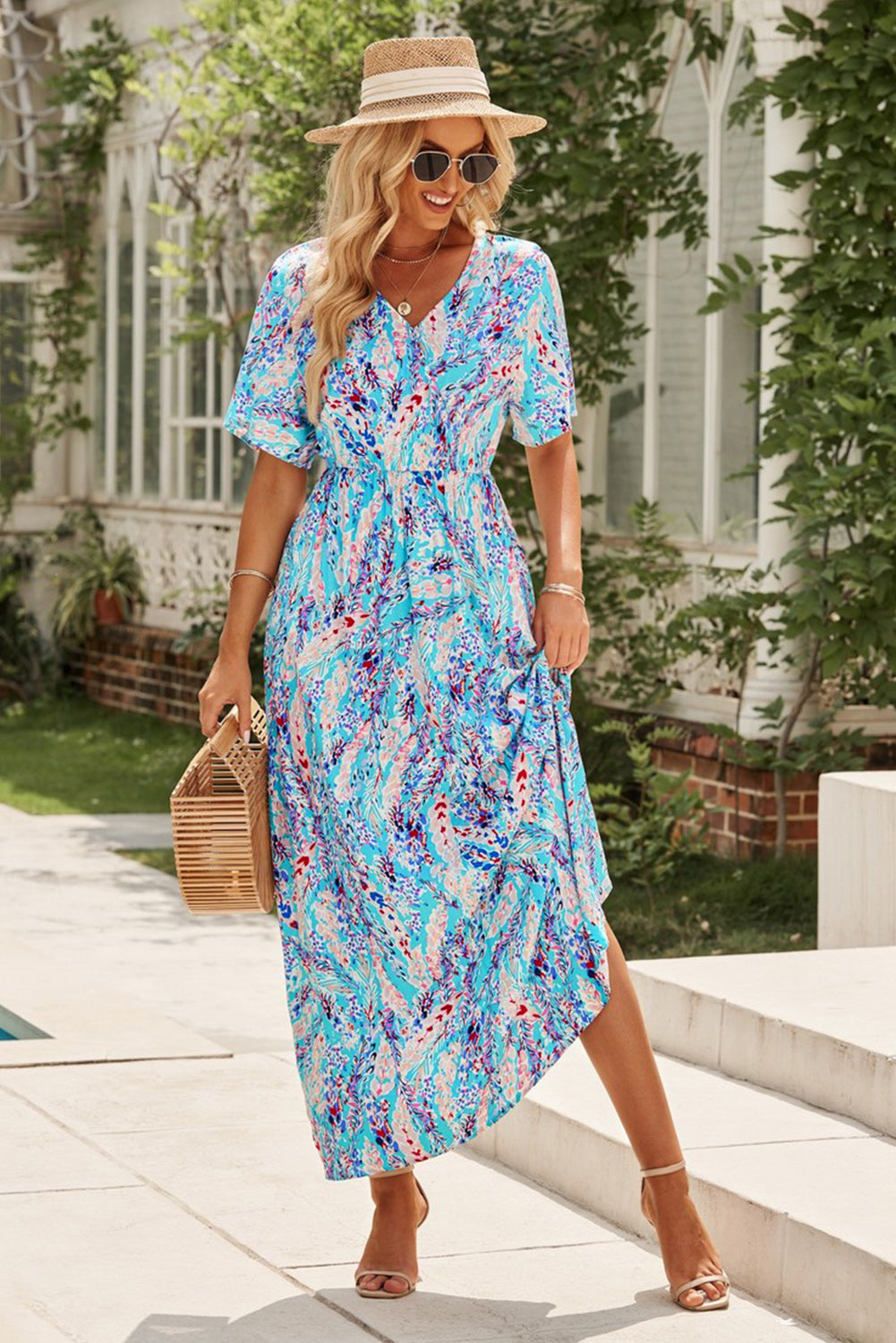 Multicolored V-Neck Maxi Dress - felvior