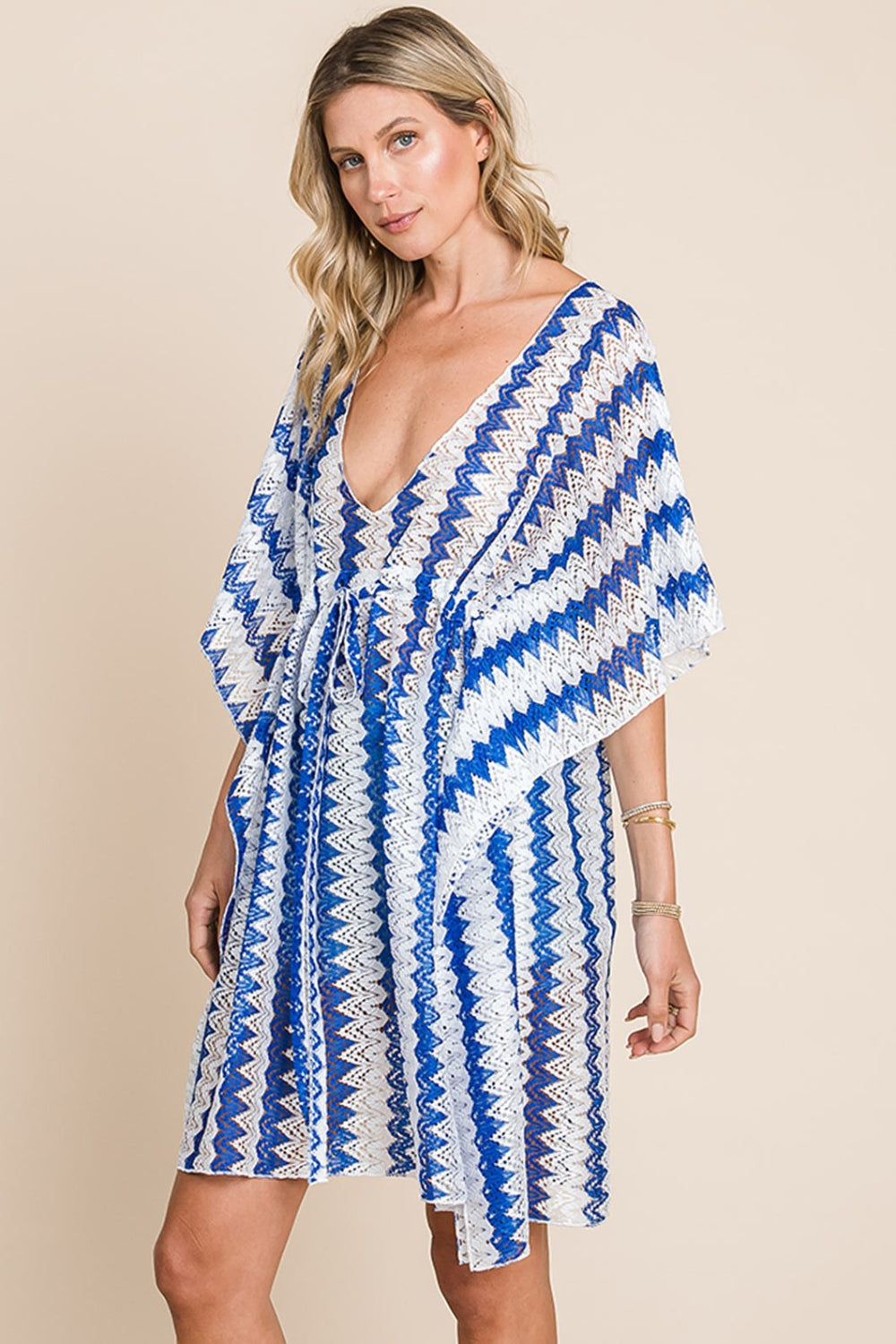 Cotton Bleu by Nu Lab Tied Striped Plunge Half Sleeve Cover-Up - felvior