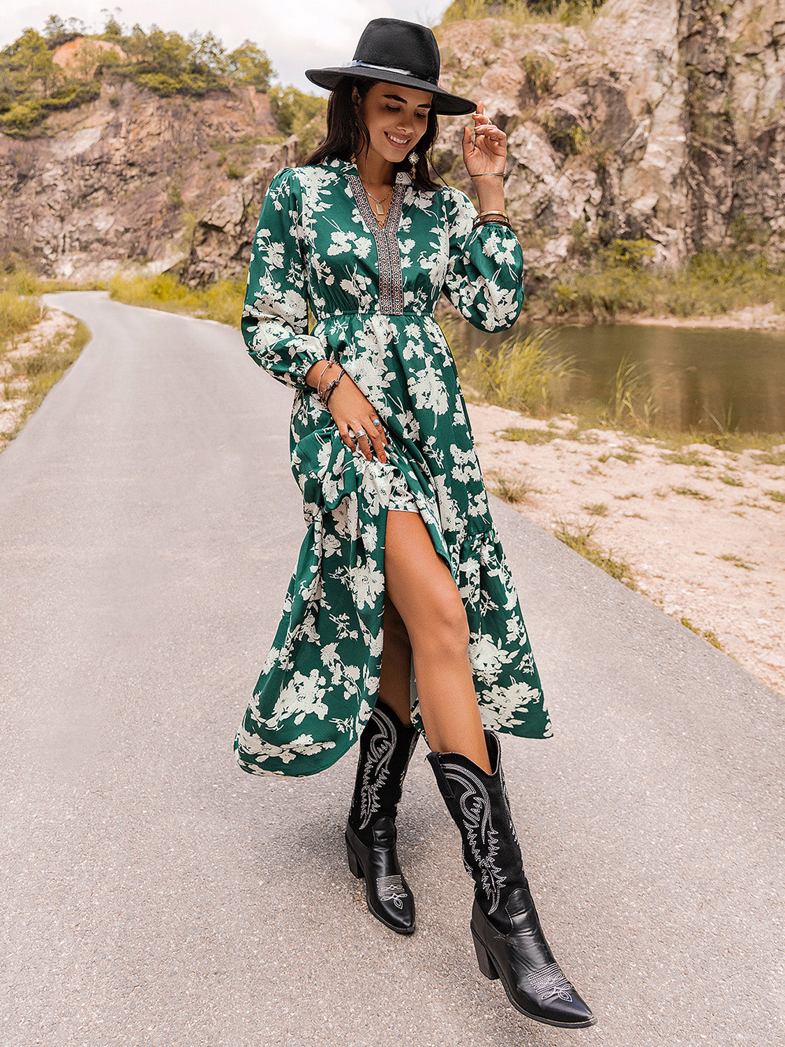 Printed Notched Neck Maxi Dress - felvior