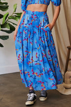 Davi & Dani Printed Smocking Waistband Ruffled Maxi Skirt