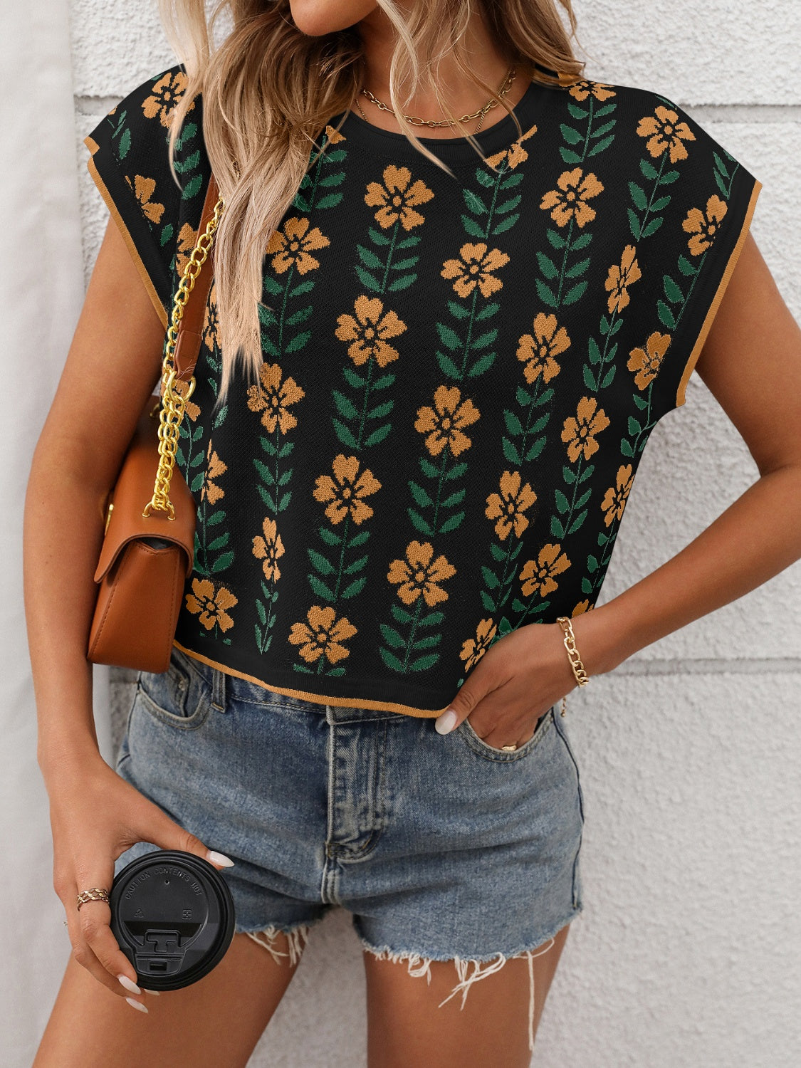 Flower Round Neck Short Sleeve Knit Top - felvior