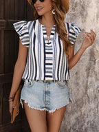 Contrast Striped Notched Ruffled Cap Sleeve Blouse