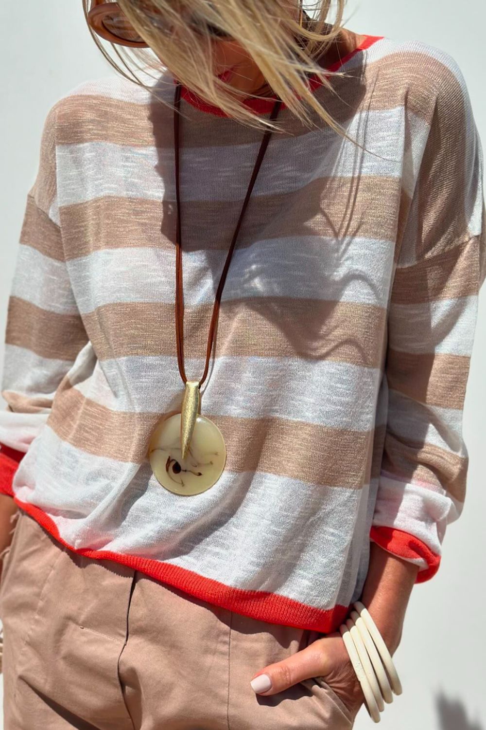 Contrast Striped Round Neck Drop Shoulder Knit Top - felvior