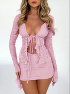 Devine Tied Front Ruffled Long Sleeve Lace Shirt