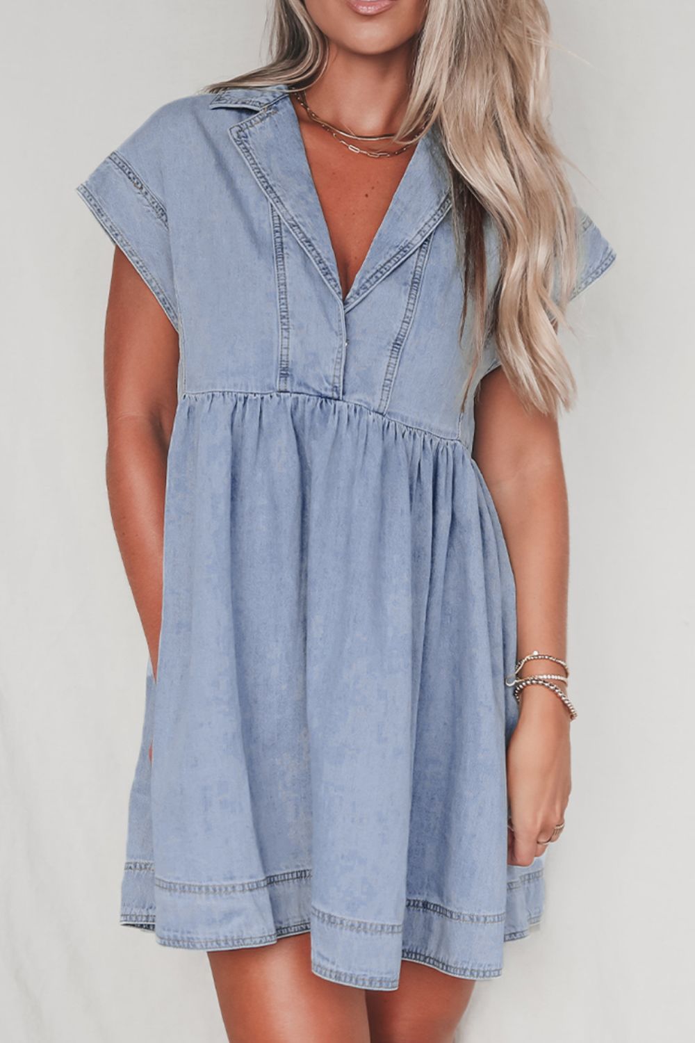 Lapel Neck Cap Sleeve Denim Babydoll Dress - felvior
