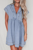 Lapel Neck Cap Sleeve Denim Babydoll Dress - felvior