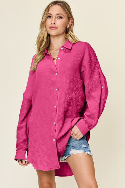 Double Take Full Size Pocketed Texture Button Up Shirt - felvior