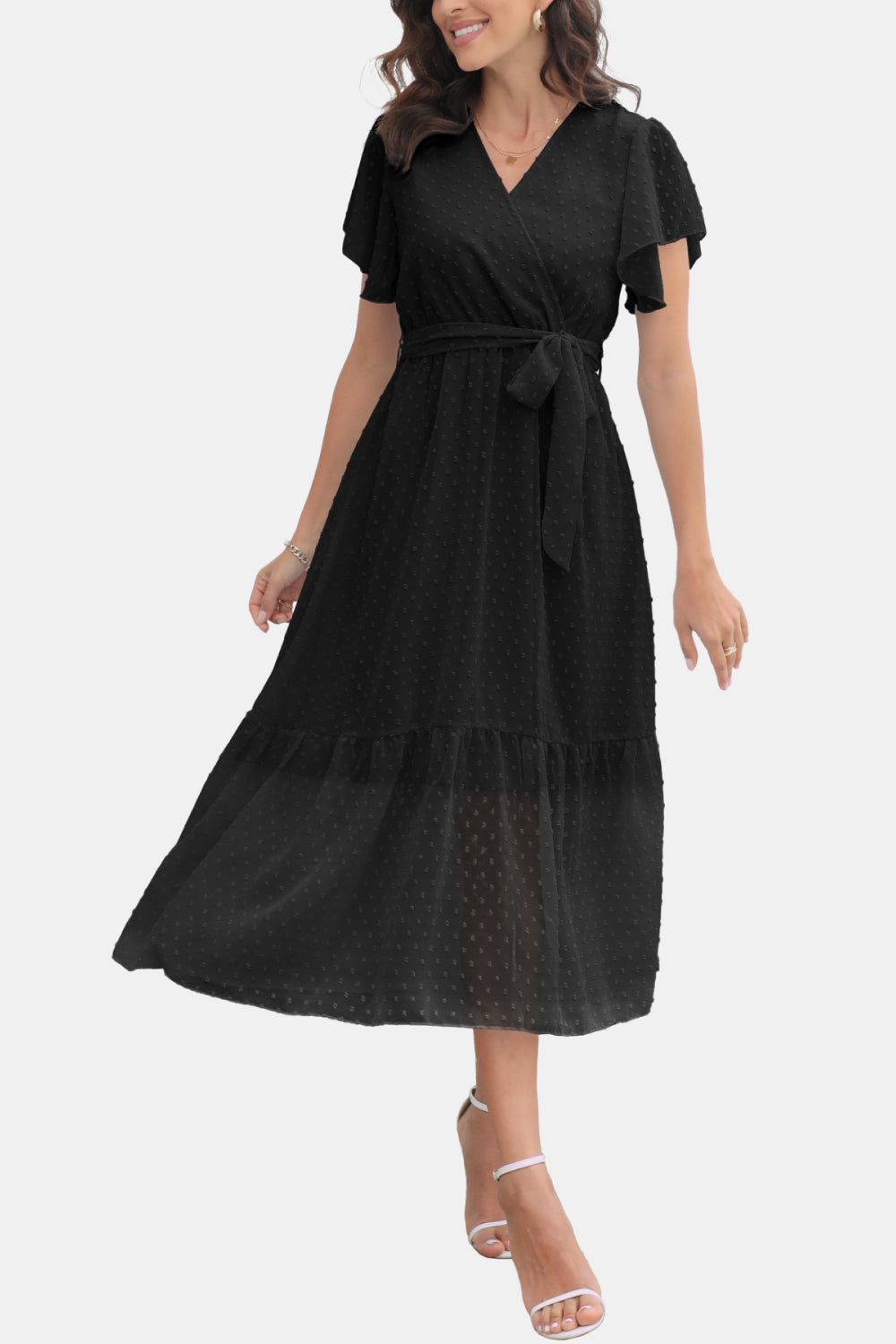 Surplice Neck Flutter Sleeve Tied Dress - felvior