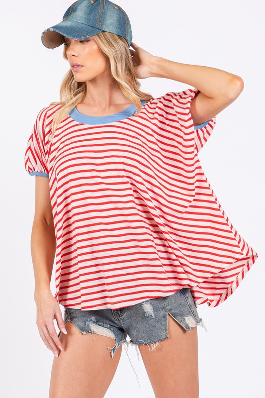 Ces Femme Striped Round Neck Short Sleeve T-Shirt