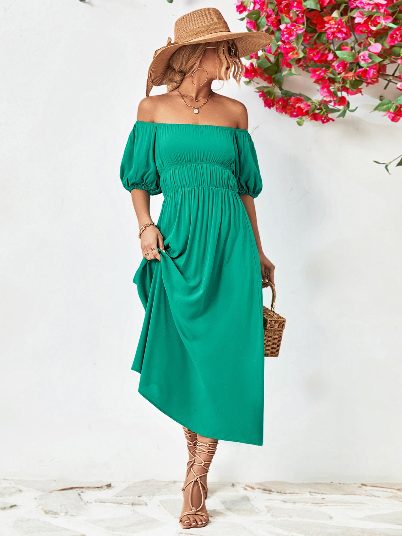 Off-Shoulder Balloon Sleeve Midi Dress - felvior