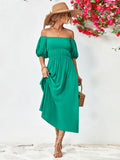 Off-Shoulder Balloon Sleeve Midi Dress - felvior