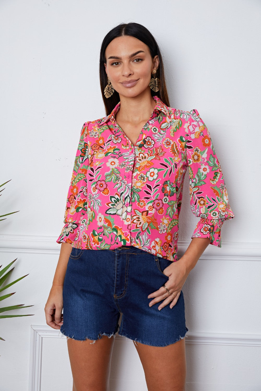 Floral Button Up Flounce Sleeve Shirt Hauptbild