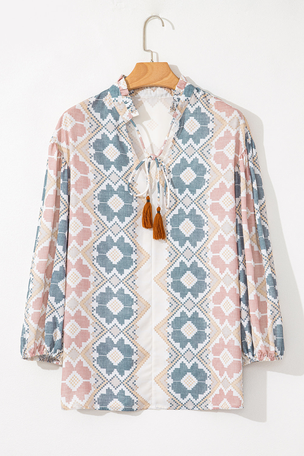 Tassel Tie Neck Balloon Sleeve Blouse - felvior