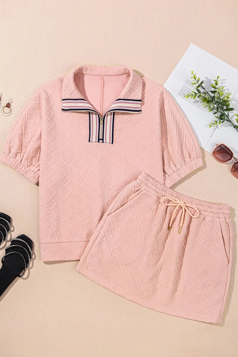 Half Zip Half Sleeve Top and Skirt Set - felvior