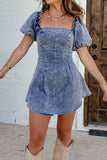Tie Back Square Neck Puff Sleeve Denim Dress - felvior