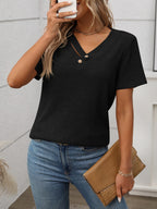 Ribbed V-Neck Short Sleeve T-Shirt