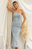 Washed Slit Back Tube Denim Dress - felvior