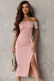 Off-Shoulder Short Sleeve Split Dress - felvior
