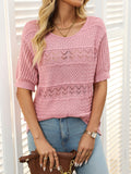 Openwork Round Neck Half Sleeve Knit Top - felvior