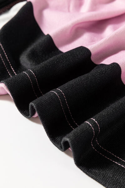 High-Low Color Block Round Neck Long Sleeve T-Shirt - felvior