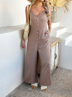 Devine Button Front Knotted Strap Wide Leg Jumpsuit