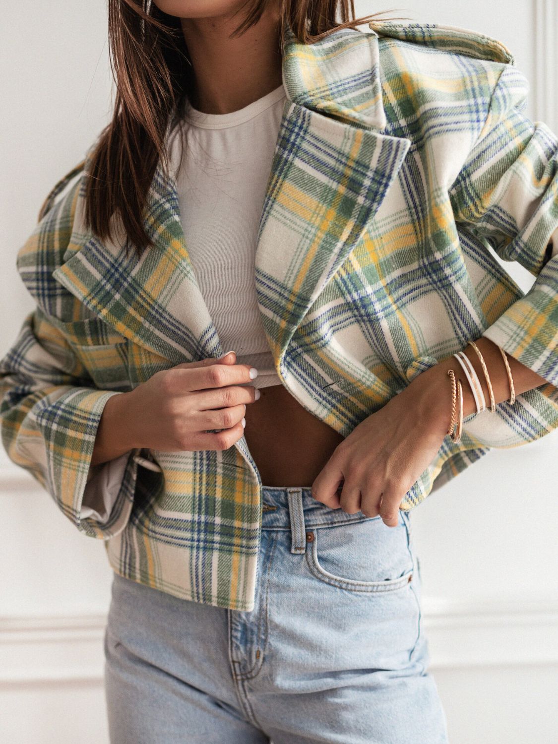 Lapel Collar Plaid Cropped Jacket - felvior